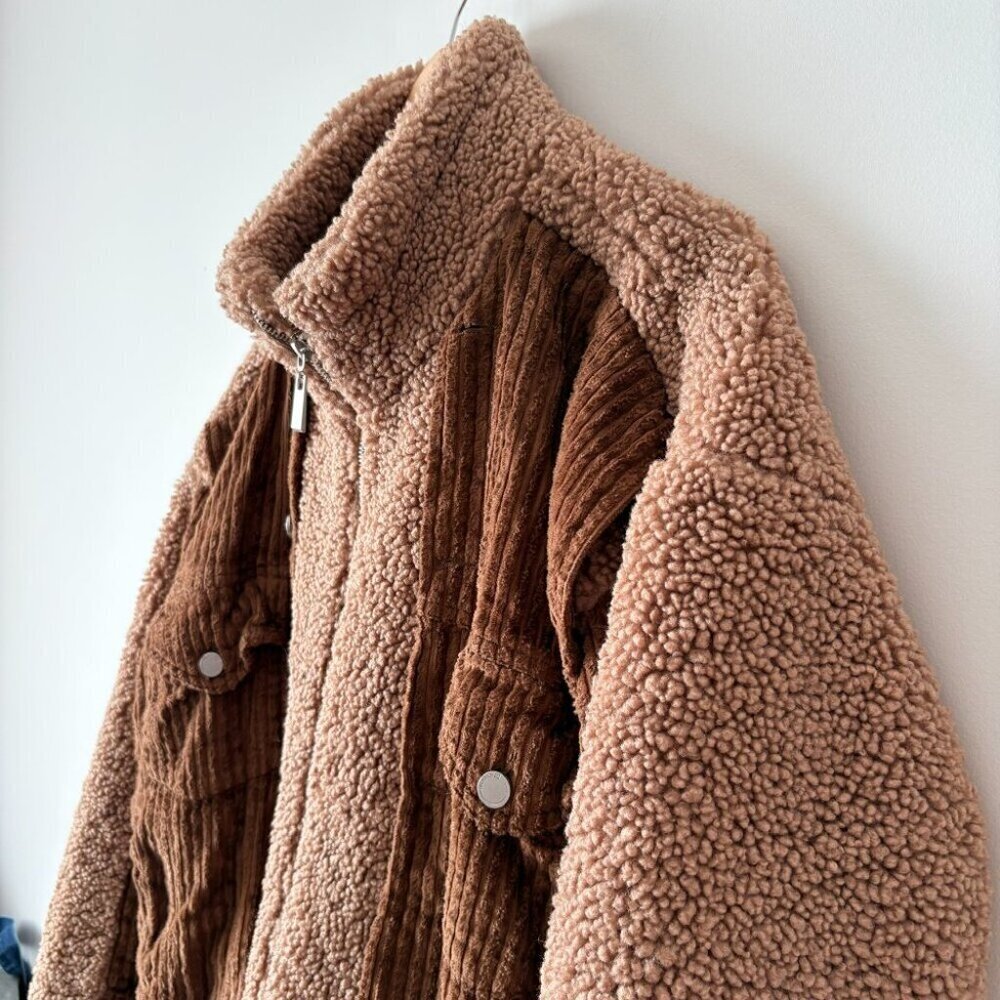 Blank NYC Fuzzy Wuzzy Corduroy Sherpa Mix Trucker Jacket Brown Tan Size Small - Picture 7 of 10